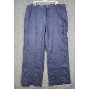 Lily & Taylor Linen Wide Leg Pants Women 24 Navy Blue Floral Eyelet Hem 7387